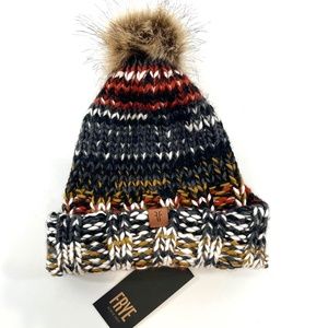 FRYE Marbled Cuff Pompom Beanie Hat Multicolor Red Knit Fur Après-ski